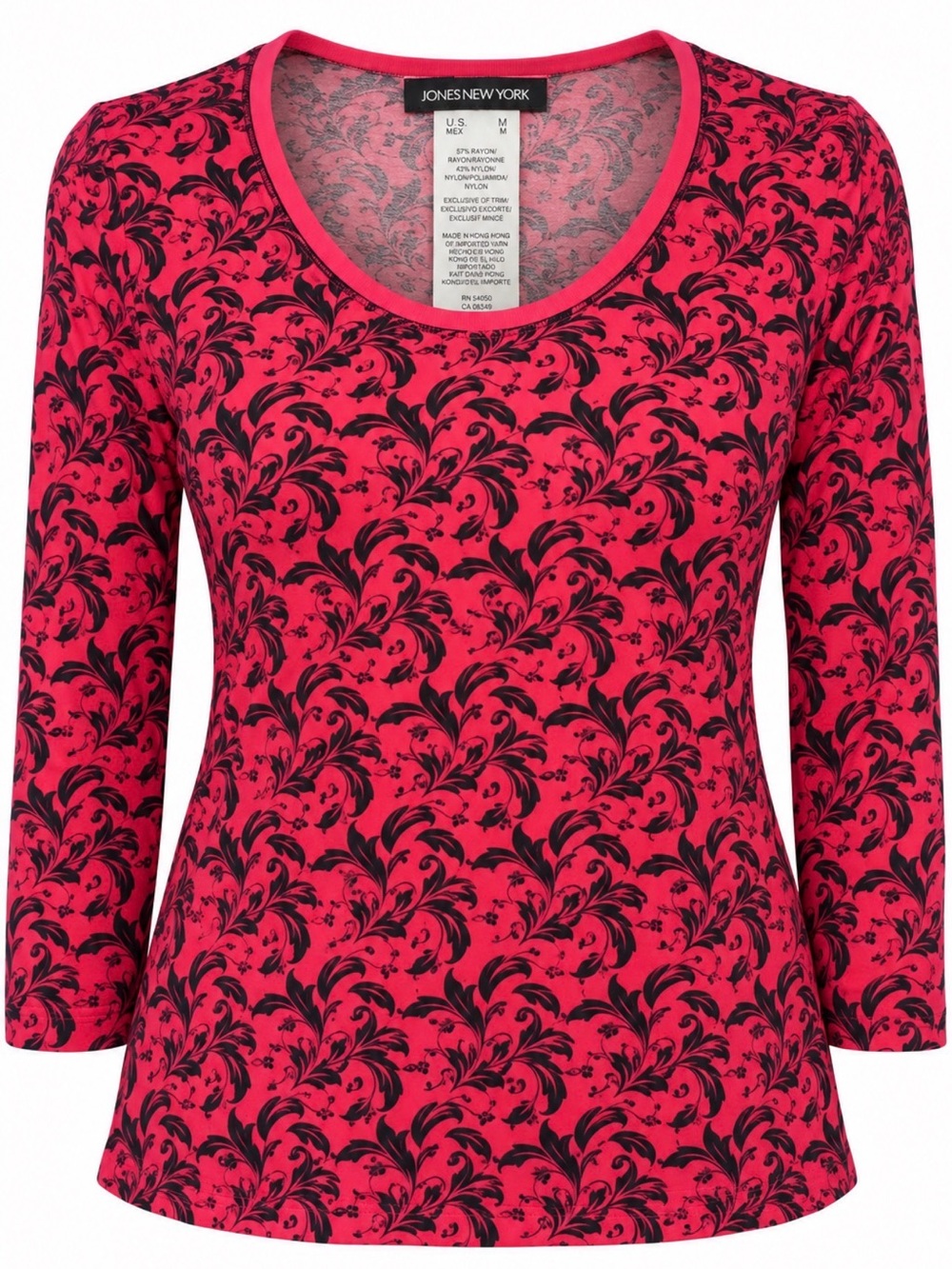 Jones New York Women’s M Red Black Damask 3/4 Sleeve Knit Top